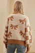 Bow Intarsia Check And Stripe Sleeve Drop Shoulder Rib Trim Sweater