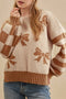 Bow Intarsia Check And Stripe Sleeve Drop Shoulder Rib Trim Sweater
