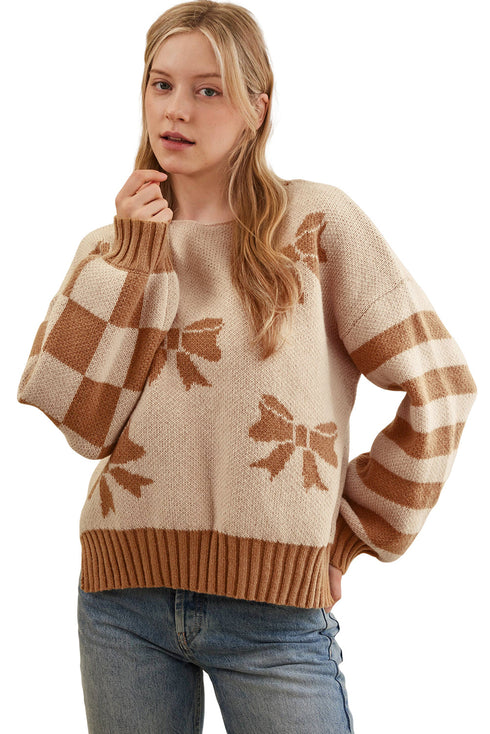 Bow Intarsia Check And Stripe Sleeve Drop Shoulder Rib Trim Sweater