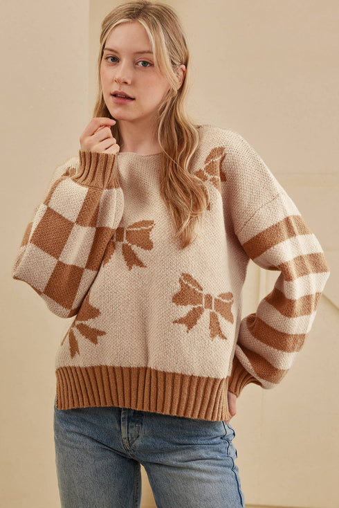 Bow Intarsia Check And Stripe Sleeve Drop Shoulder Rib Trim Sweater