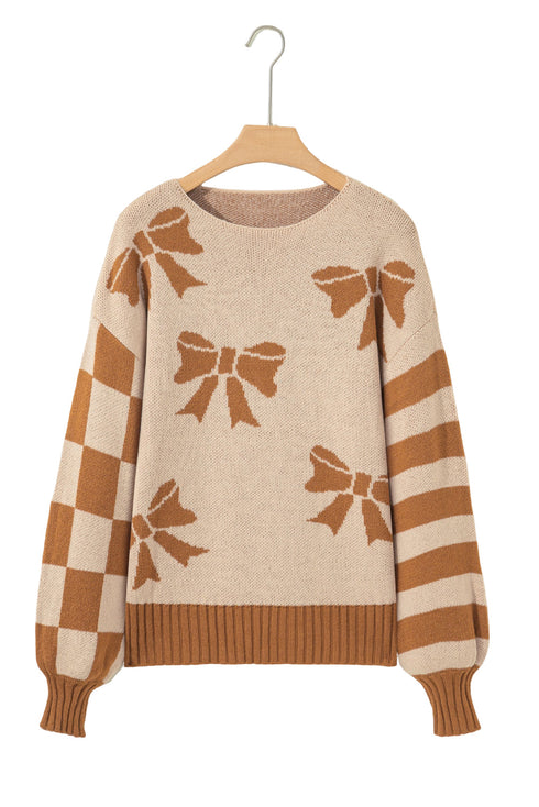 Bow Intarsia Check And Stripe Sleeve Drop Shoulder Rib Trim Sweater