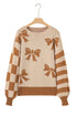 Bow Intarsia Check And Stripe Sleeve Drop Shoulder Rib Trim Sweater