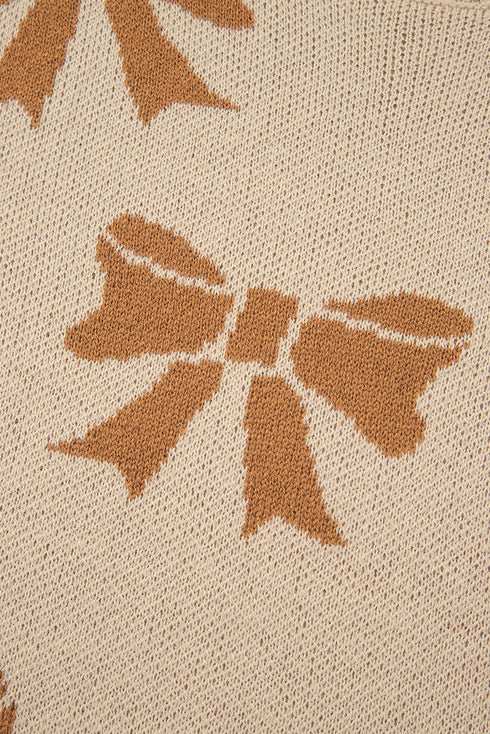 Bow Intarsia Check And Stripe Sleeve Drop Shoulder Rib Trim Sweater