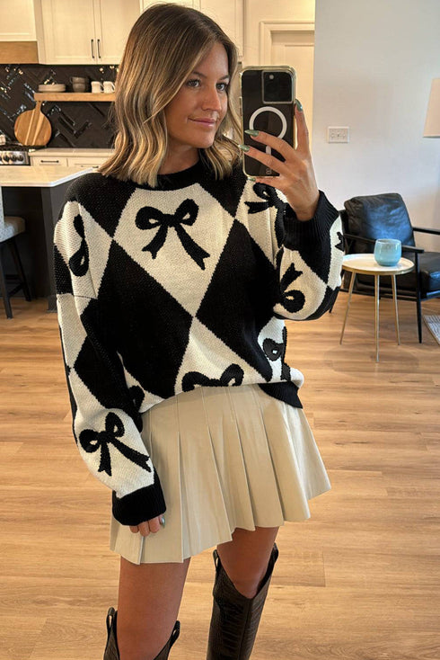 Bow Jacquard Argyle Drop Shoulder Sweater