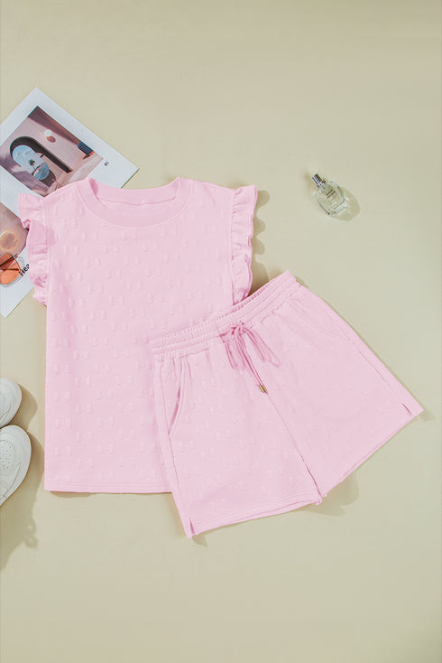 Bow Jacquard Ruffle Sleeve Short 2pcs Outfit