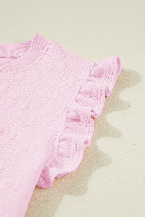 Bow Jacquard Ruffle Sleeve Short 2pcs Outfit