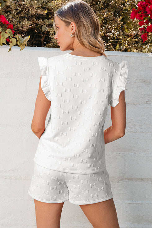 Bow Jacquard Ruffle Sleeve Short 2pcs Outfit