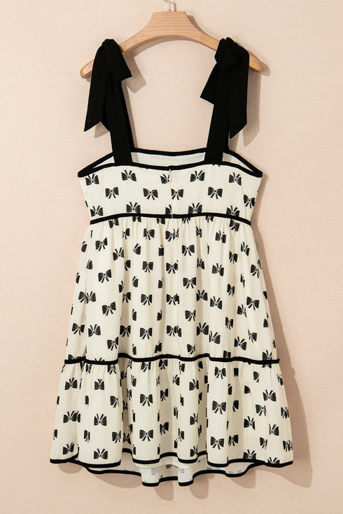 Bow Knot Color Contrast Trim Knotted Shoulder Mini Dress