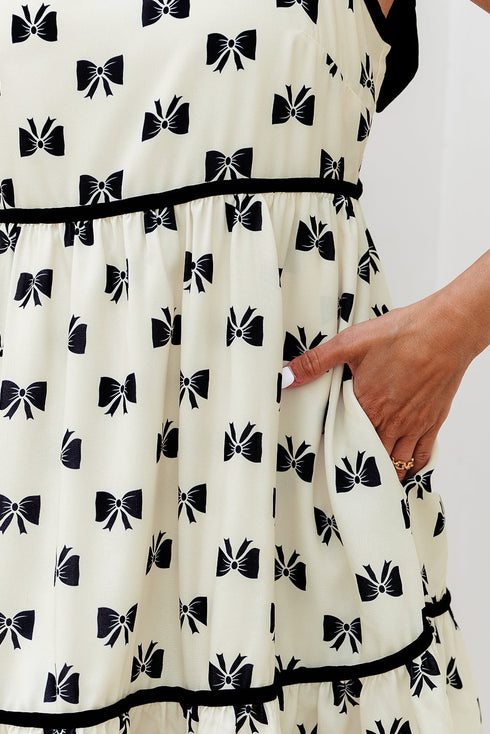 Bow Knot Color Contrast Trim Knotted Shoulder Mini Dress