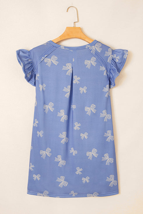 Bow Knot Print Ruffled Sleeve Shift Mini Dress
