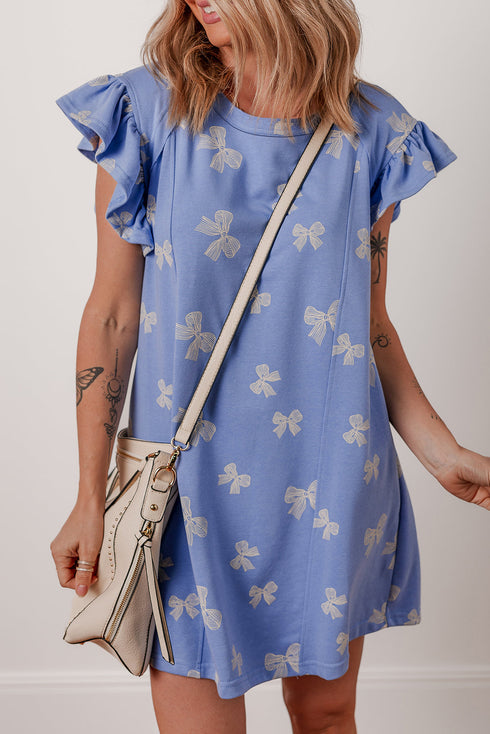Bow Knot Print Ruffled Sleeve Shift Mini Dress