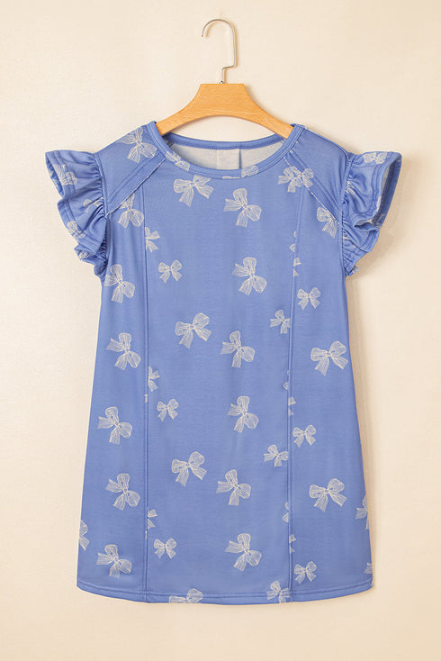 Bow Knot Print Ruffled Sleeve Shift Mini Dress