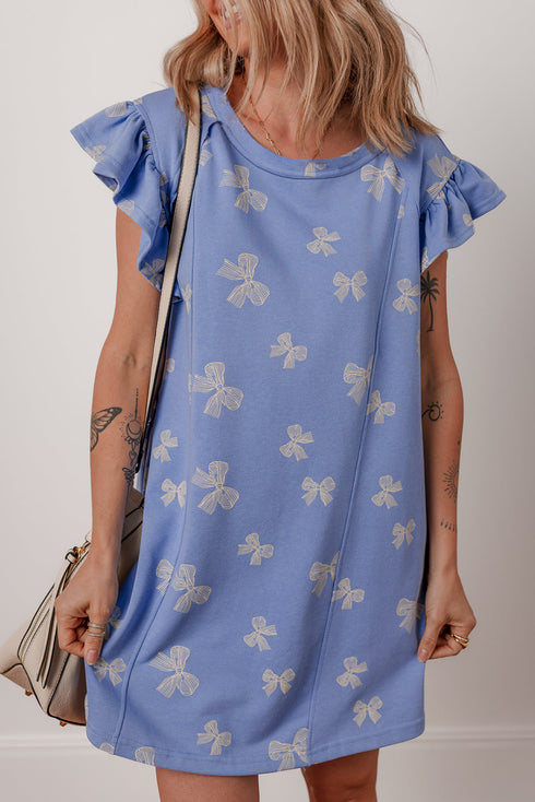 Bow Knot Print Ruffled Sleeve Shift Mini Dress