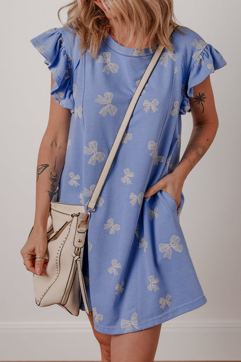 Bow Knot Print Ruffled Sleeve Shift Mini Dress