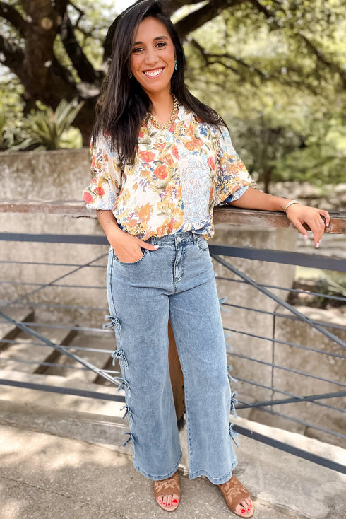 Bow Knot Side Detail Loose Wide Leg Jeans