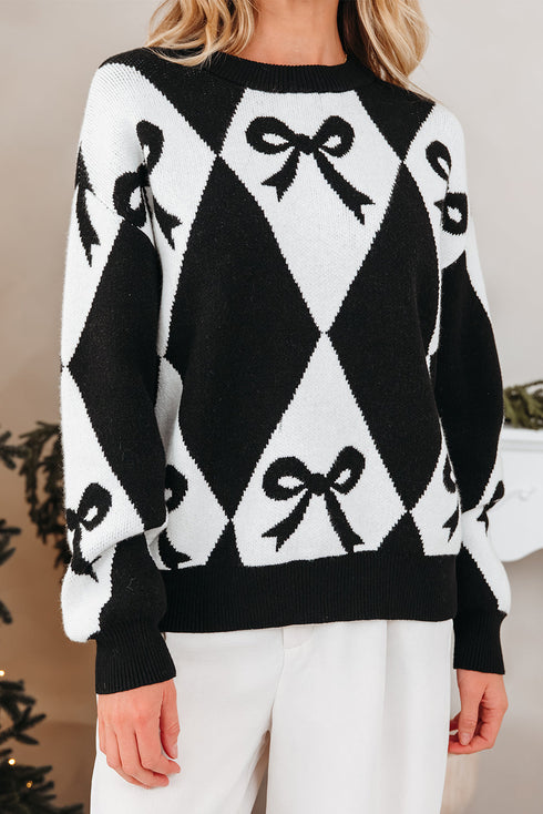 Bow Motif Diamond Argyle Crew Neck Sweater