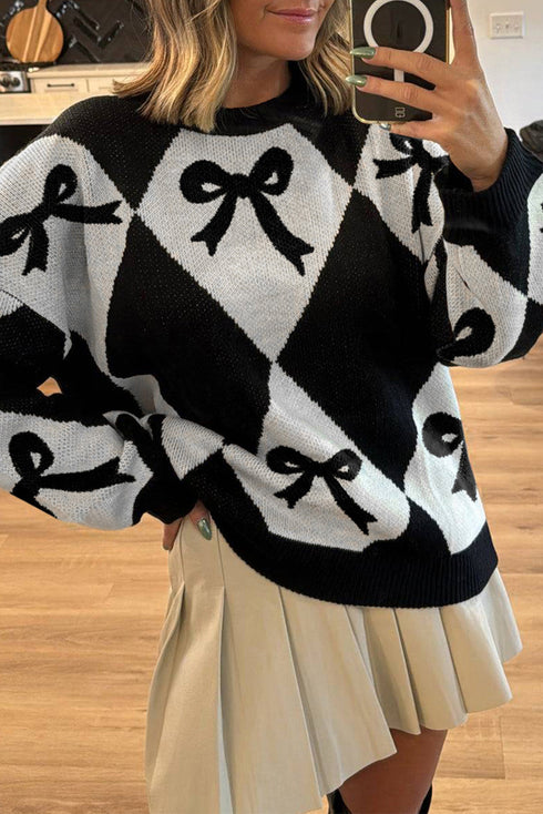 Bow Motif Diamond Argyle Crew Neck Sweater