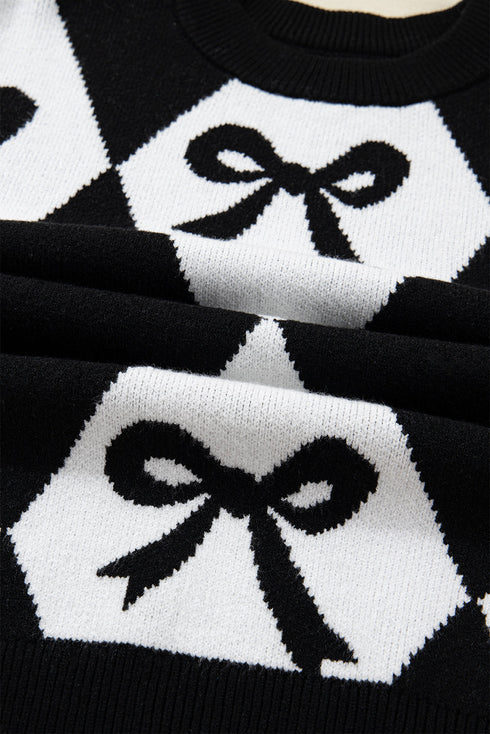 Bow Motif Diamond Argyle Crew Neck Sweater