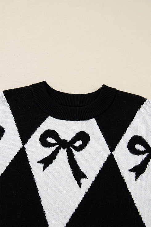 Bow Motif Diamond Argyle Crew Neck Sweater