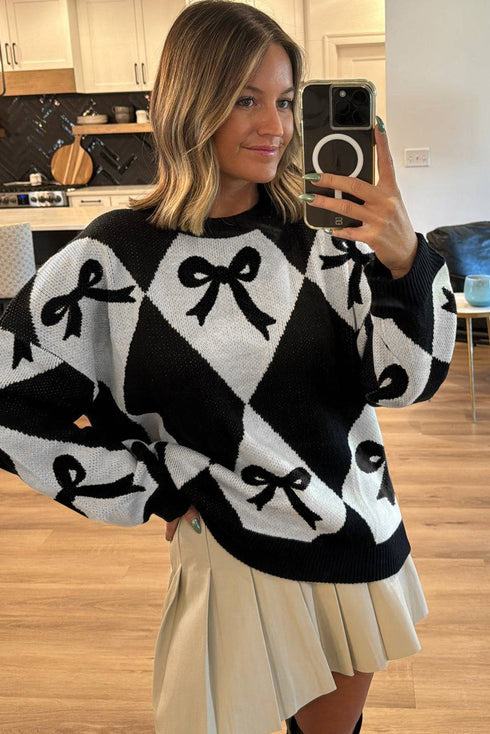 Bow Motif Diamond Argyle Crew Neck Sweater