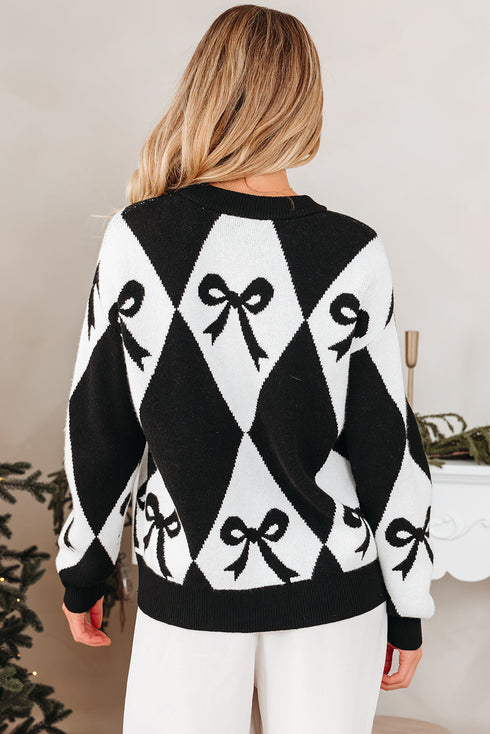 Bow Motif Diamond Argyle Crew Neck Sweater