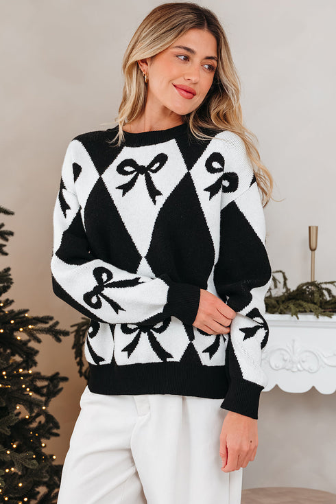 Bow Motif Diamond Argyle Crew Neck Sweater