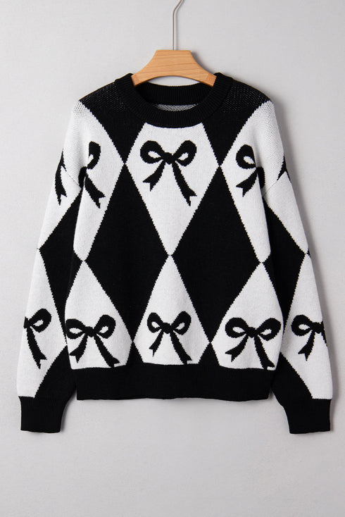 Bow Motif Diamond Argyle Crew Neck Sweater