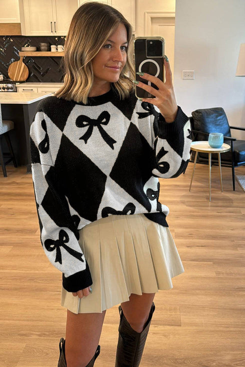 Bow Motif Diamond Argyle Crew Neck Sweater