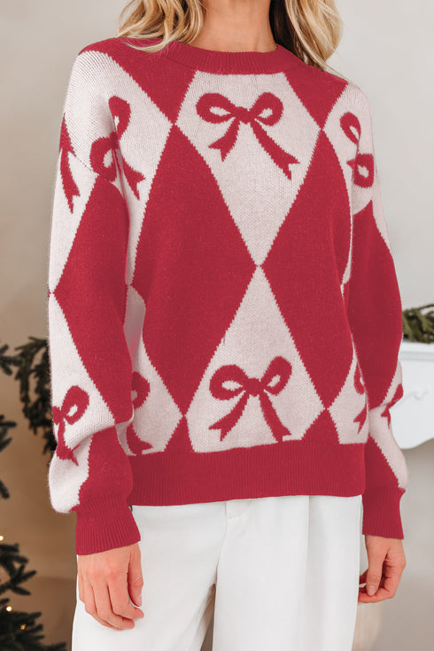 Bow Motif Diamond Argyle Crew Neck Sweater