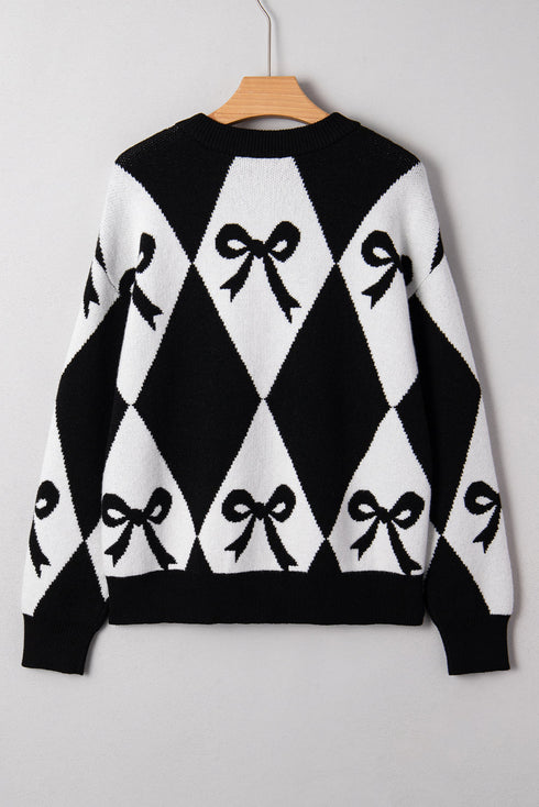 Bow Motif Diamond Argyle Crew Neck Sweater