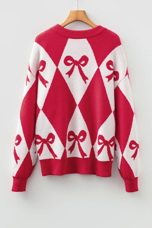 Bow Motif Diamond Argyle Crew Neck Sweater