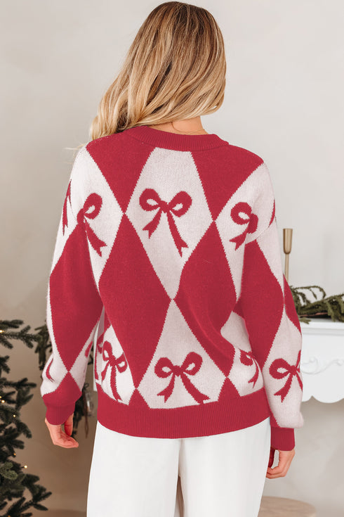 Bow Motif Diamond Argyle Crew Neck Sweater