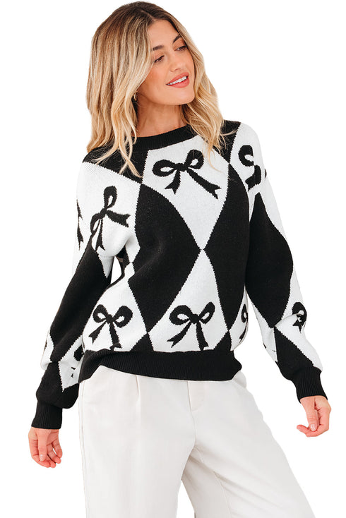 Bow Motif Diamond Argyle Crew Neck Sweater