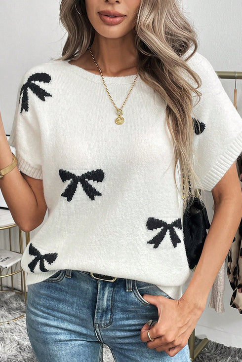 Bow Pattern Knit Short Sleeve Sweater