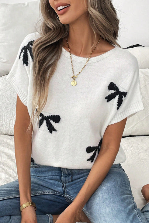 Bow Pattern Knit Short Sleeve Sweater