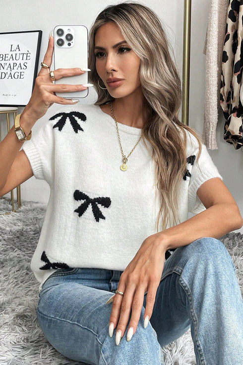 Bow Pattern Knit Short Sleeve Sweater
