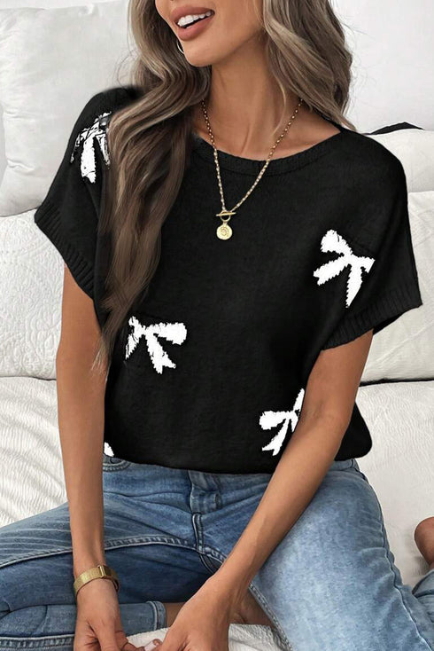 Bow Pattern Knit Short Sleeve Sweater