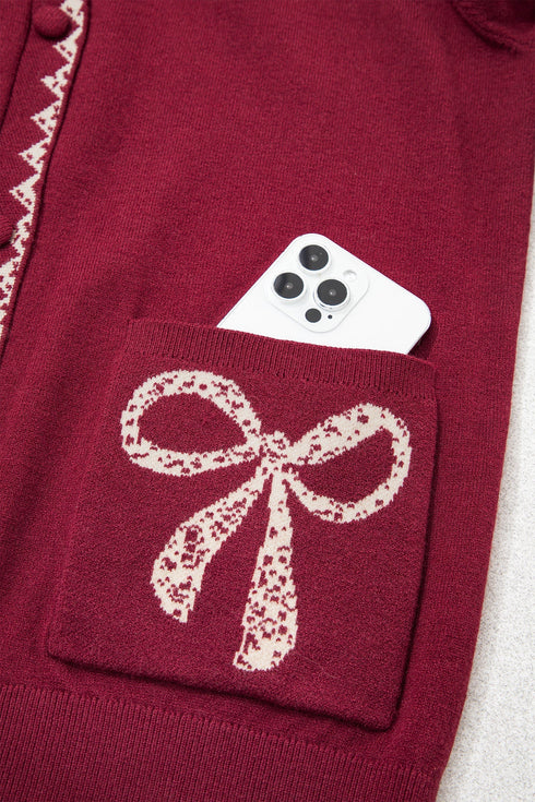Bow Pocket Collared Long Sleeve Knit Cardigan