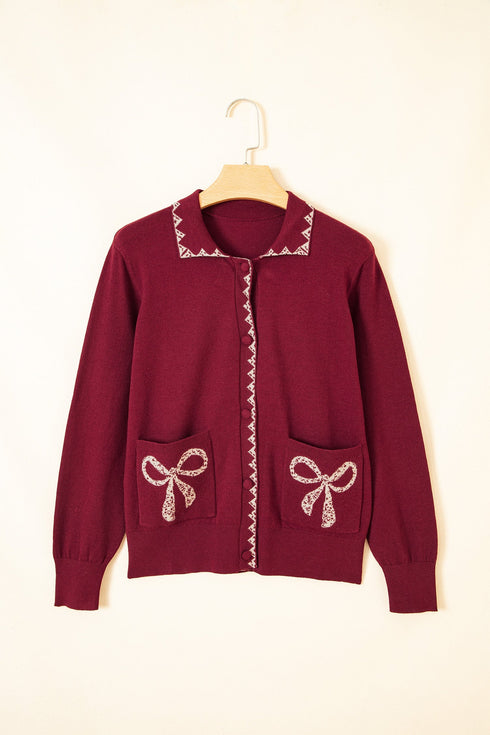 Bow Pocket Collared Long Sleeve Knit Cardigan