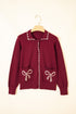 Bow Pocket Collared Long Sleeve Knit Cardigan
