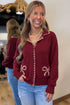 Bow Pocket Collared Long Sleeve Knit Cardigan