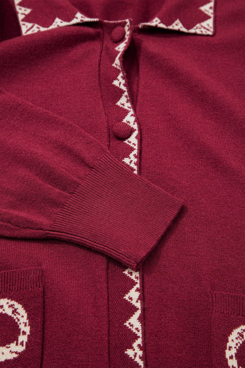 Bow Pocket Collared Long Sleeve Knit Cardigan