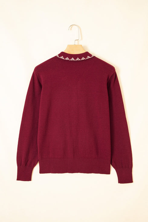 Bow Pocket Collared Long Sleeve Knit Cardigan