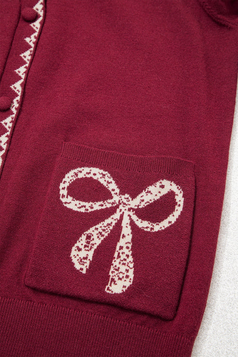 Bow Pocket Collared Long Sleeve Knit Cardigan