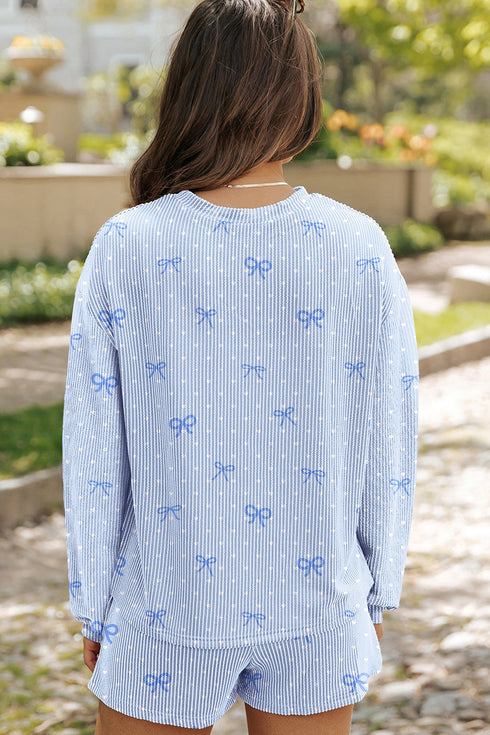 Bow Print Corded Twisted Rib Long Sleeve Short Set