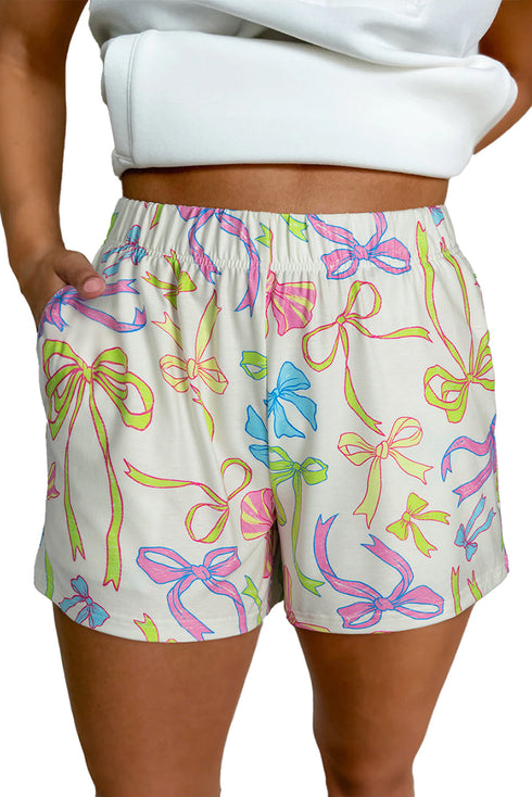 Bow Print Elastic Waist Pull On Casual Shorts