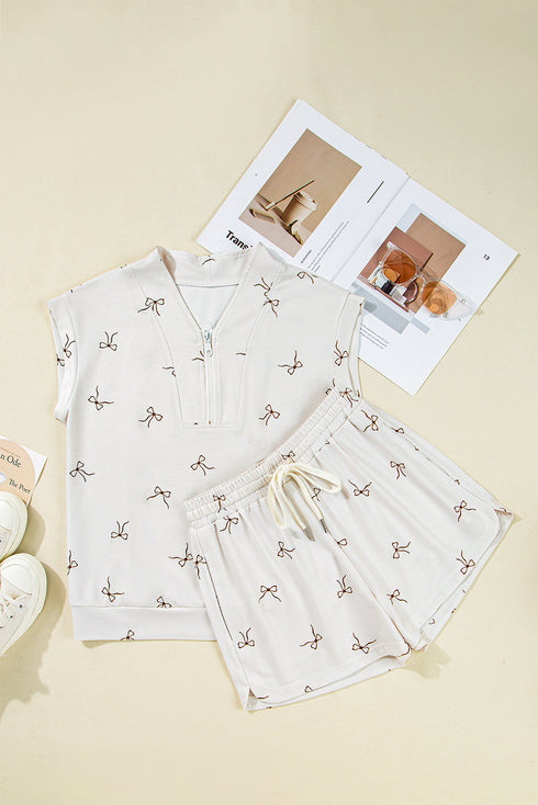 Bow Print Half Zip Tank Matching Short Sets