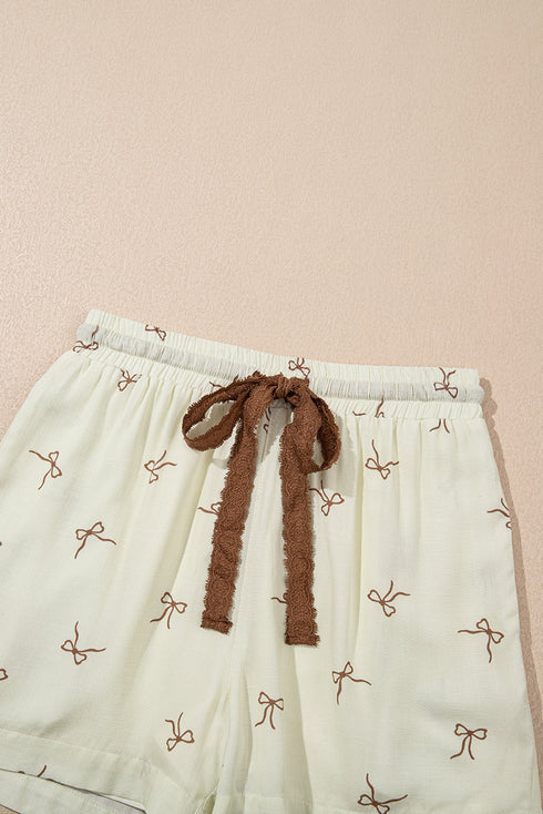 Bow Print Lace Trim Elastic Waist Drawstring Shorts