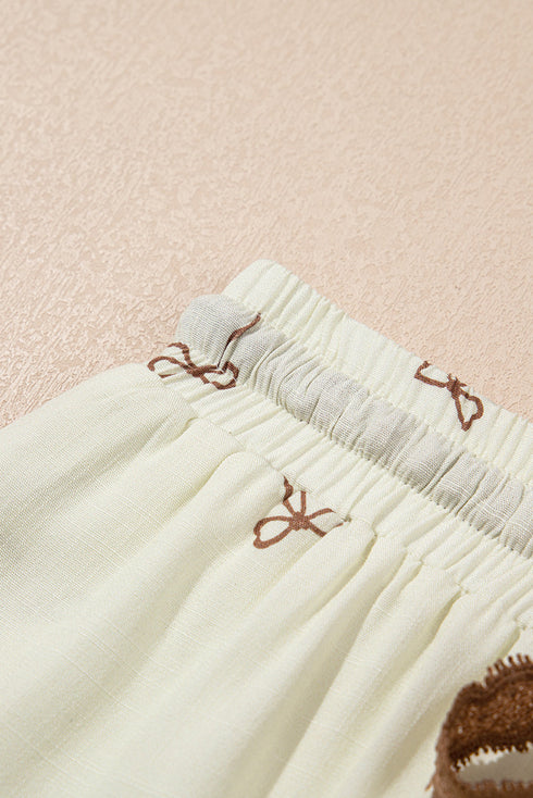 Bow Print Lace Trim Elastic Waist Drawstring Shorts