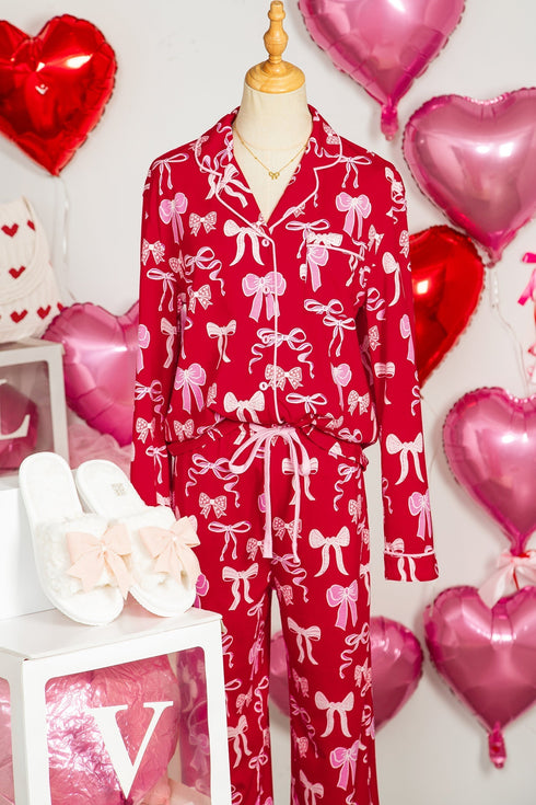 Bow Print Long Sleeve Button Down Pajama Set